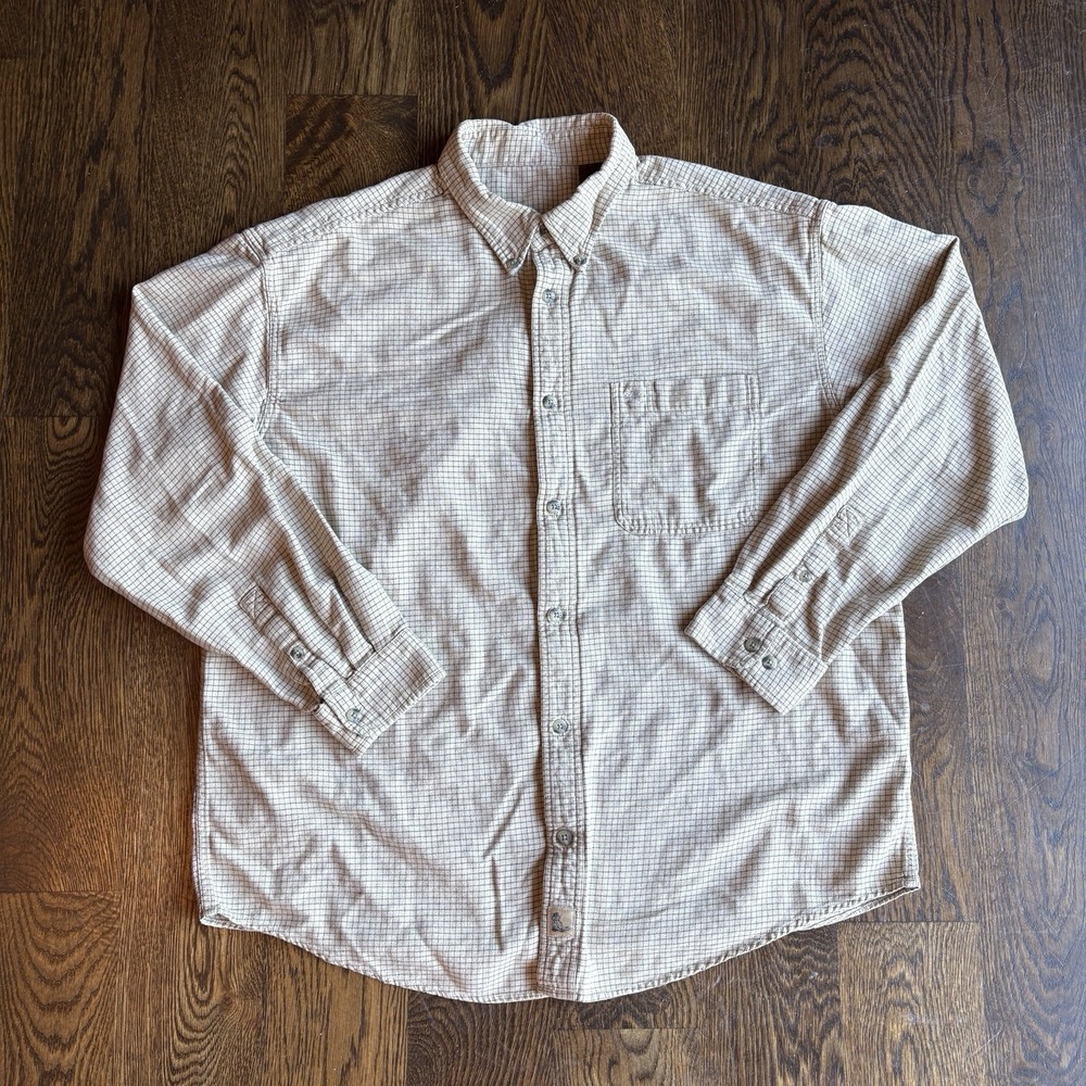 Vintage 90s Timberland Shirt Men XL Beige Grid Check Cotton Button Down Outdoors